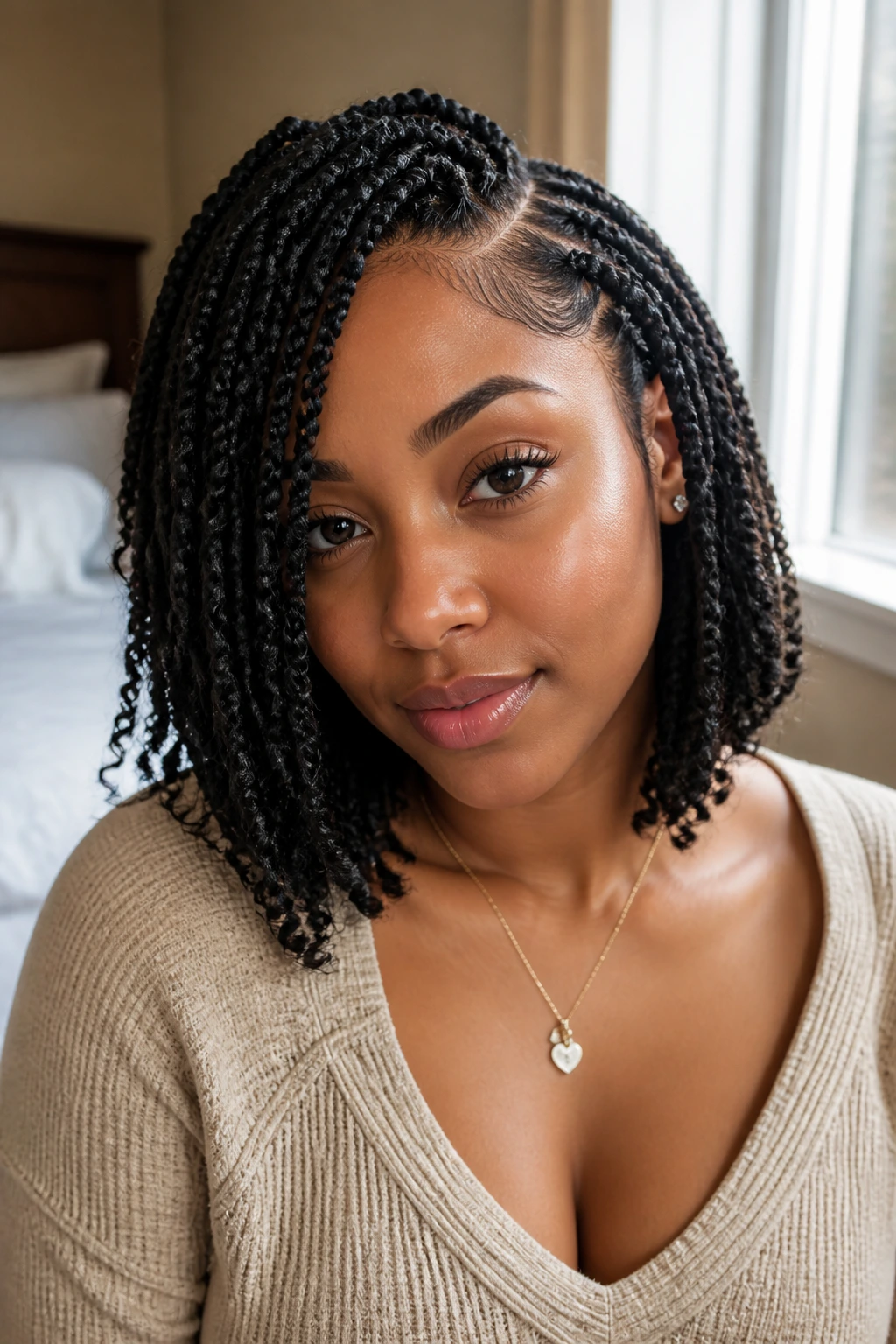 Close-up of real woman with off-center crochet bob in bedroom window light