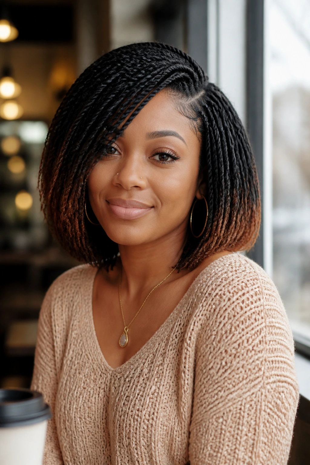 Real woman with side-part crochet bob and color sweep in cafe light