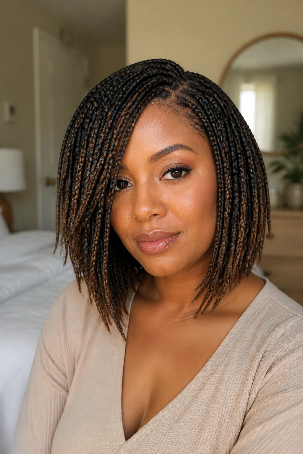 Close-up portrait of a real woman with a crochet bob framing the cheeks