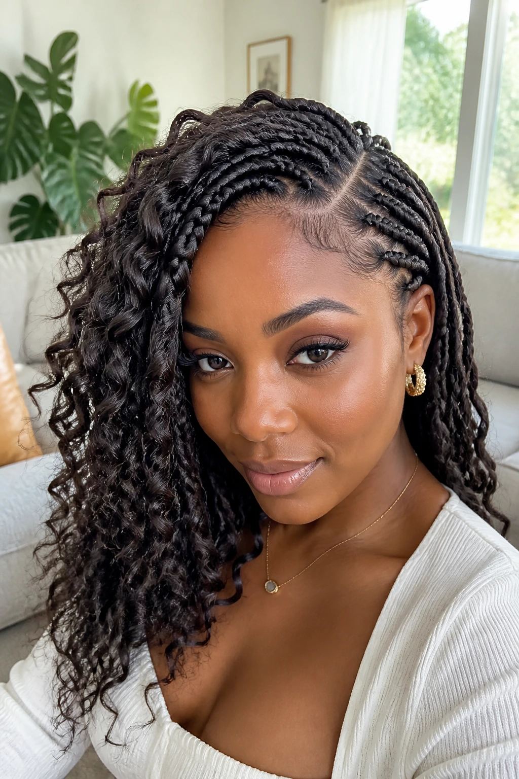 Real woman with side-swept crochet braids and a deep part, curls framing the face.
