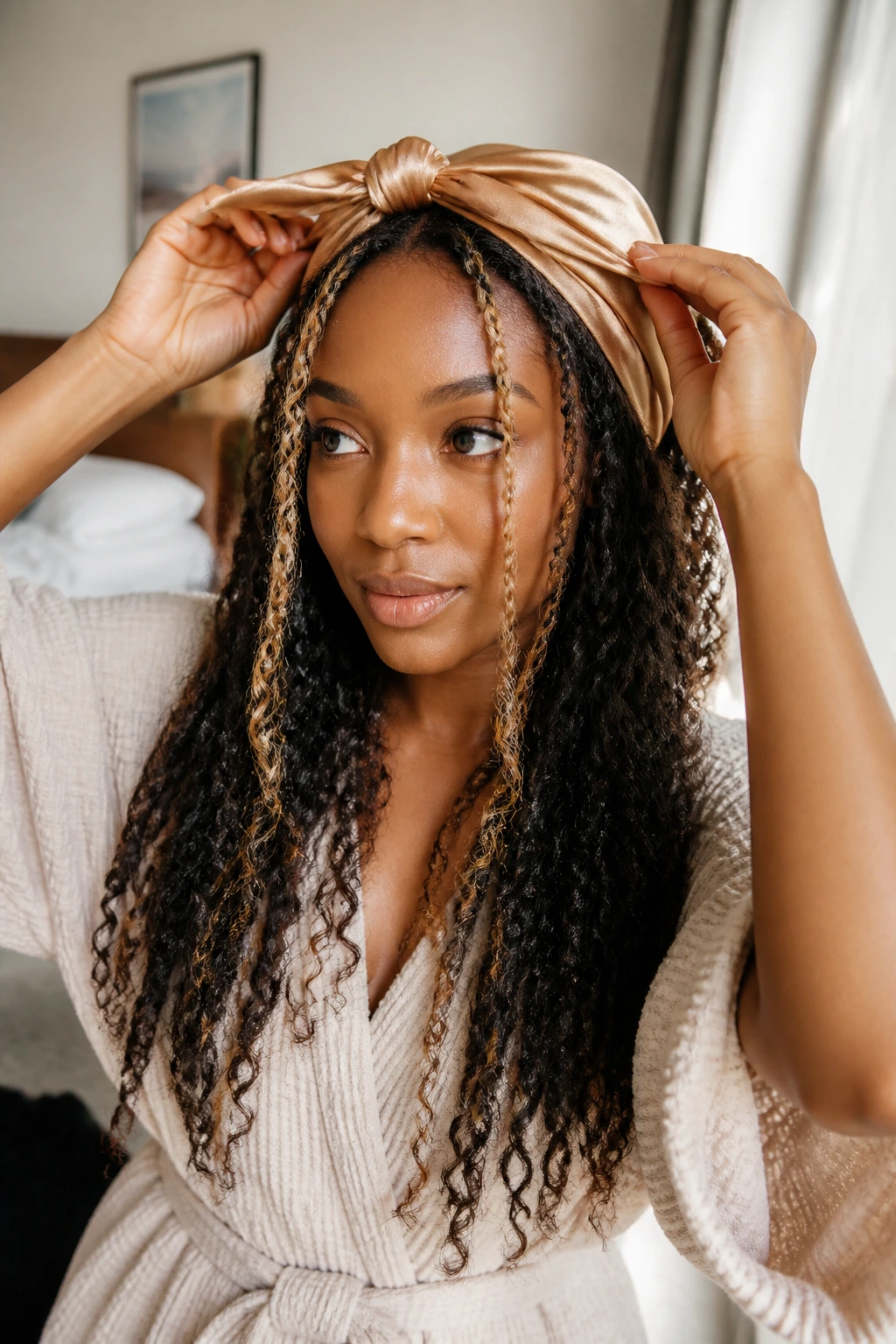 Woman with crochet braids under satin scarf in a bedroom