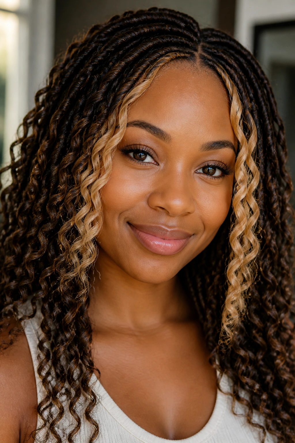 Close-up portrait of a woman with crochet braids and face-framing highlights in warm light