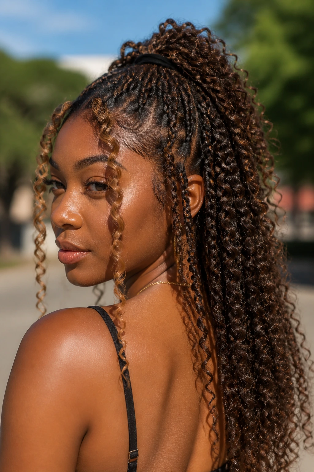 Portrait of a person with crochet braids keeping cool in warm weather outdoors