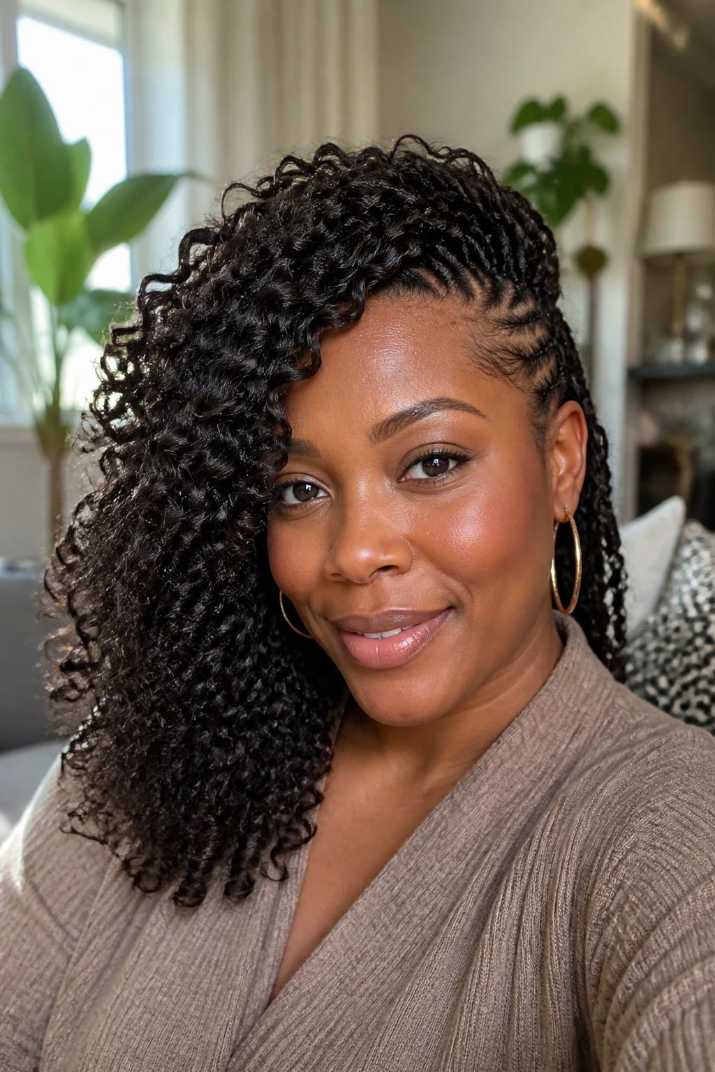 Close-up of a Black woman with side-swept crochet curls and lighter temple