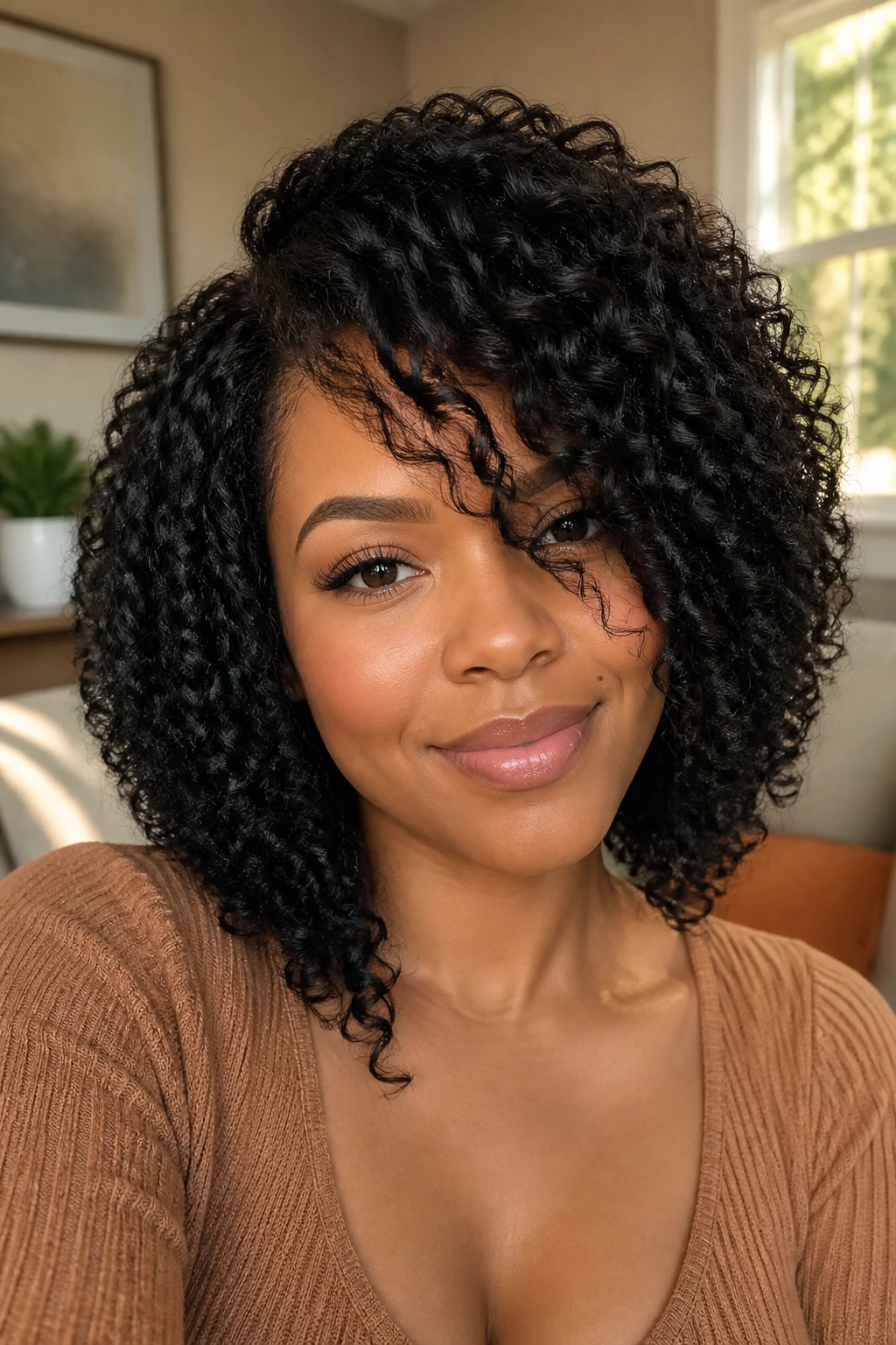 Close-up of crochet curls with a soft side fringe framing the face.