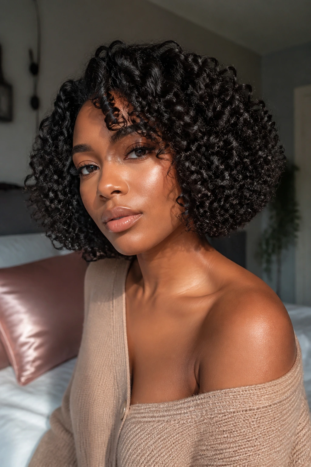 Real woman wearing crochet curly bob in cozy bedroom lighting