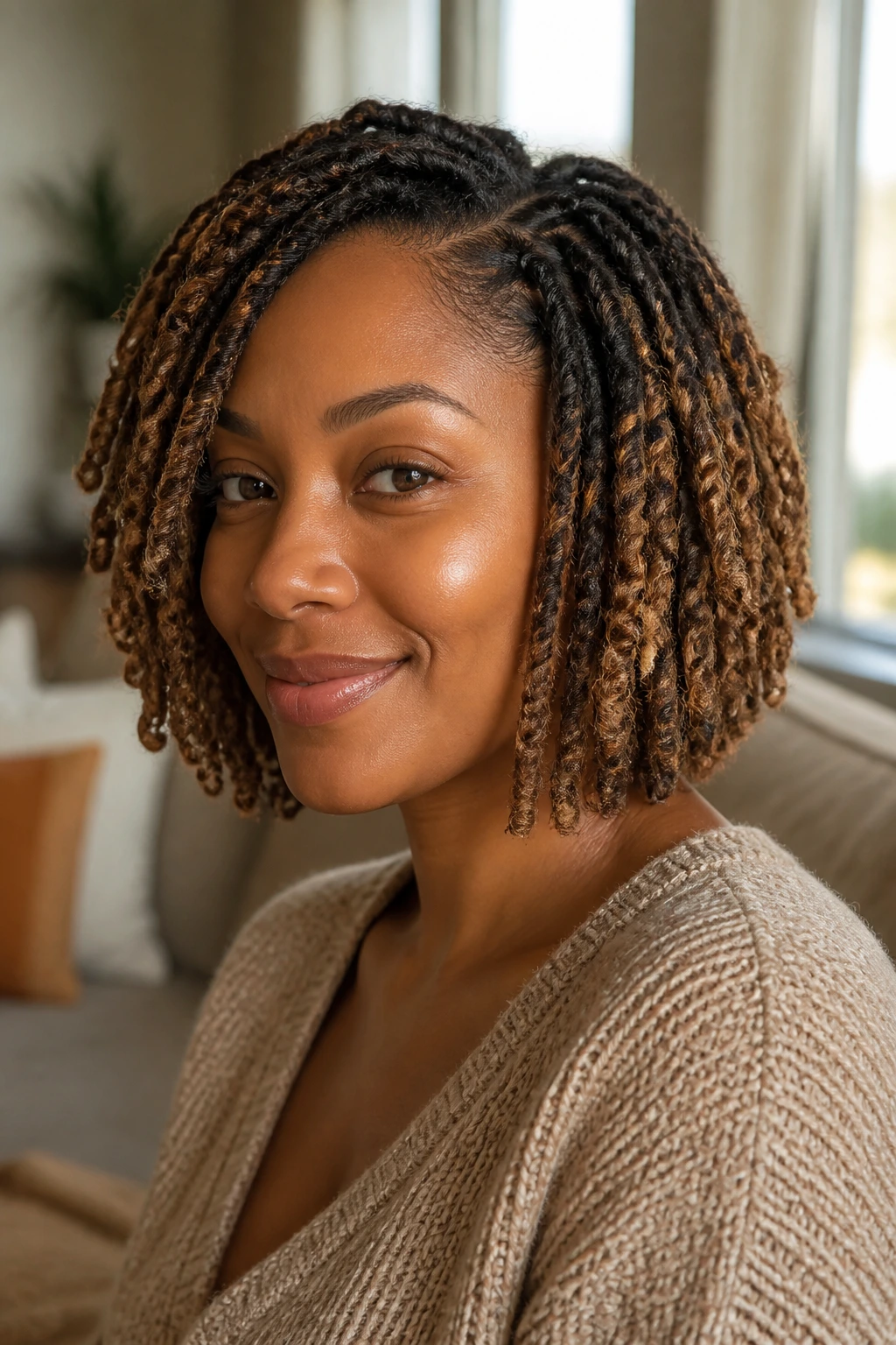 Close-up of crochet faux loc bob with caramel highlights on a real person