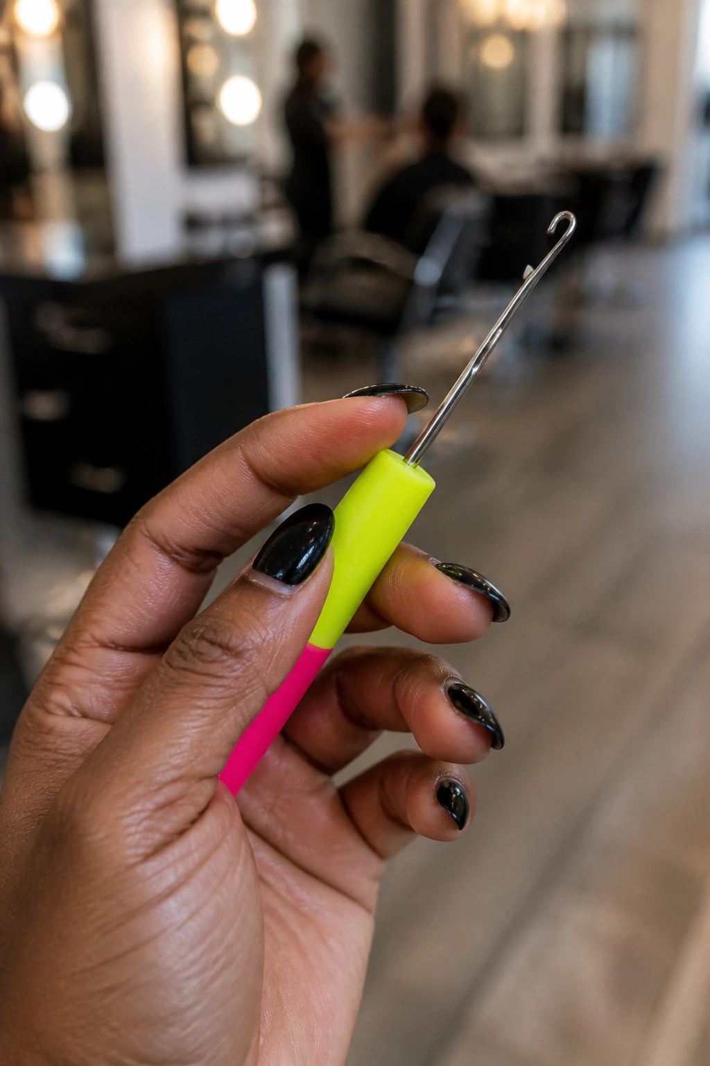 Close-up of crochet needle in hand for crochet bob