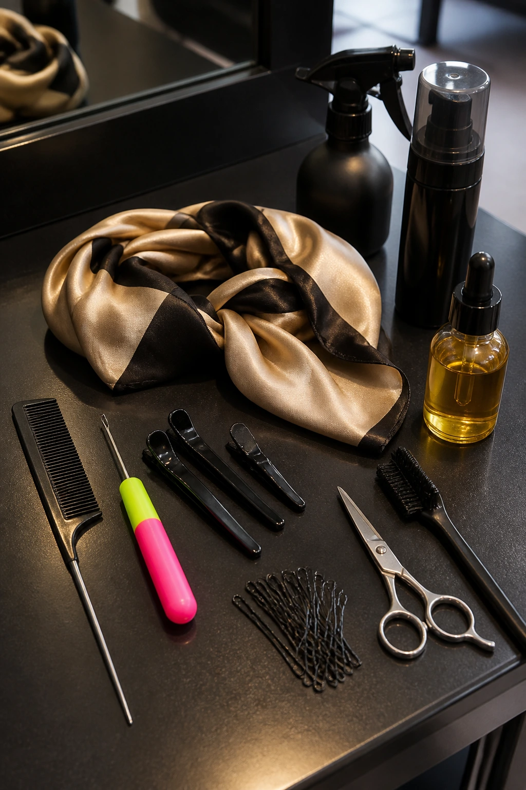 Key crochet styling tools arranged on a salon counter.