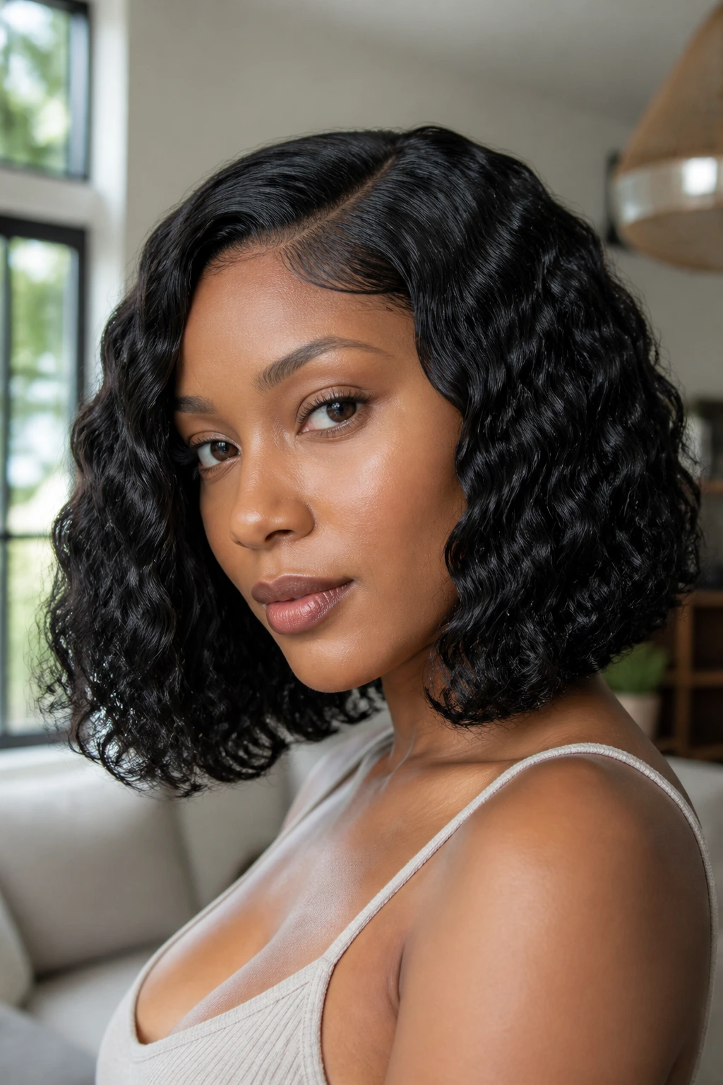 Close-up of a real person with crochet water waves bob hairstyle, side part and soft fullness