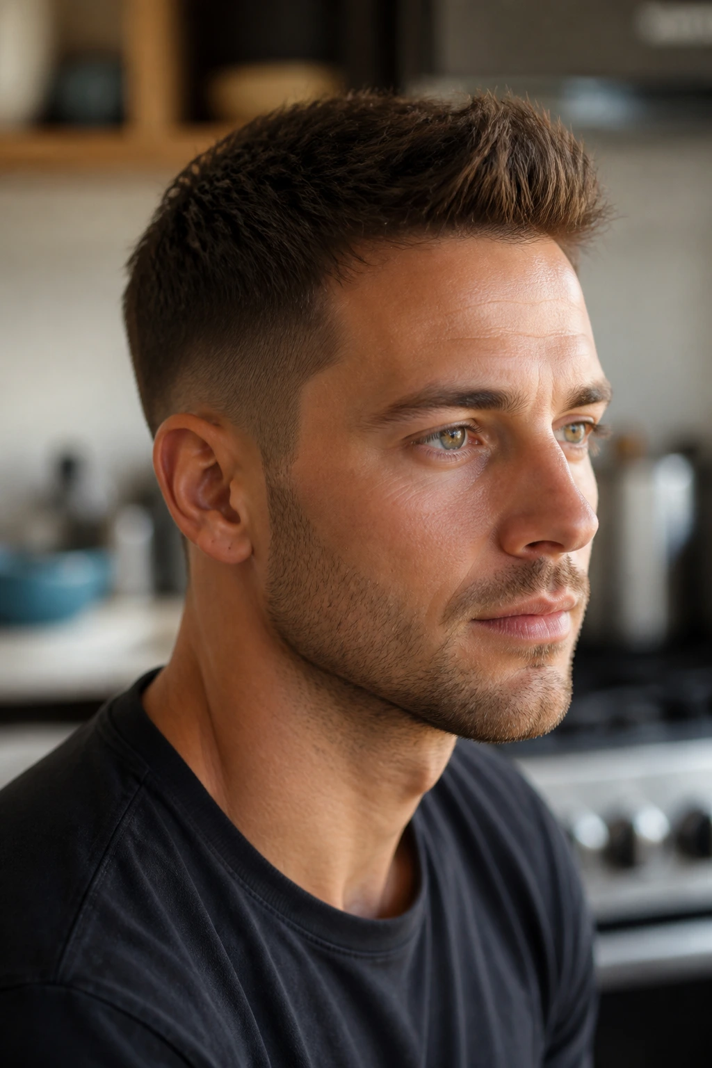Close-up portrait of a real man with crop-and-quiff hybrid