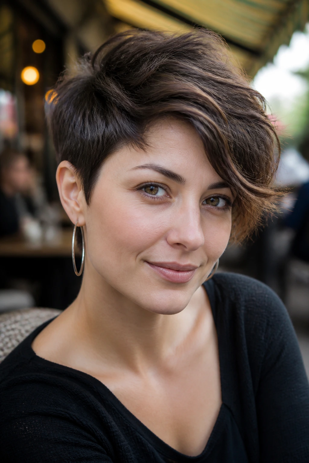 Close-up of a real woman with grown-out crop and diagonal side sweep