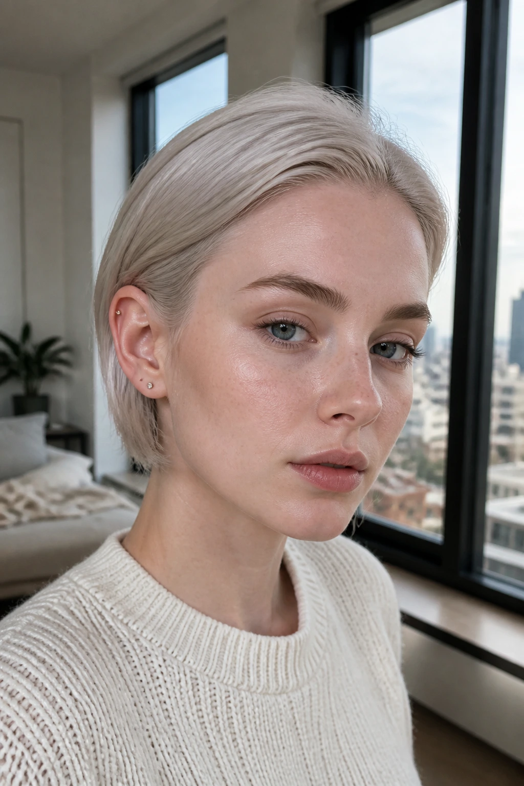 Close-up of a real person with a tucked-behind-ears crop in steel blonde.