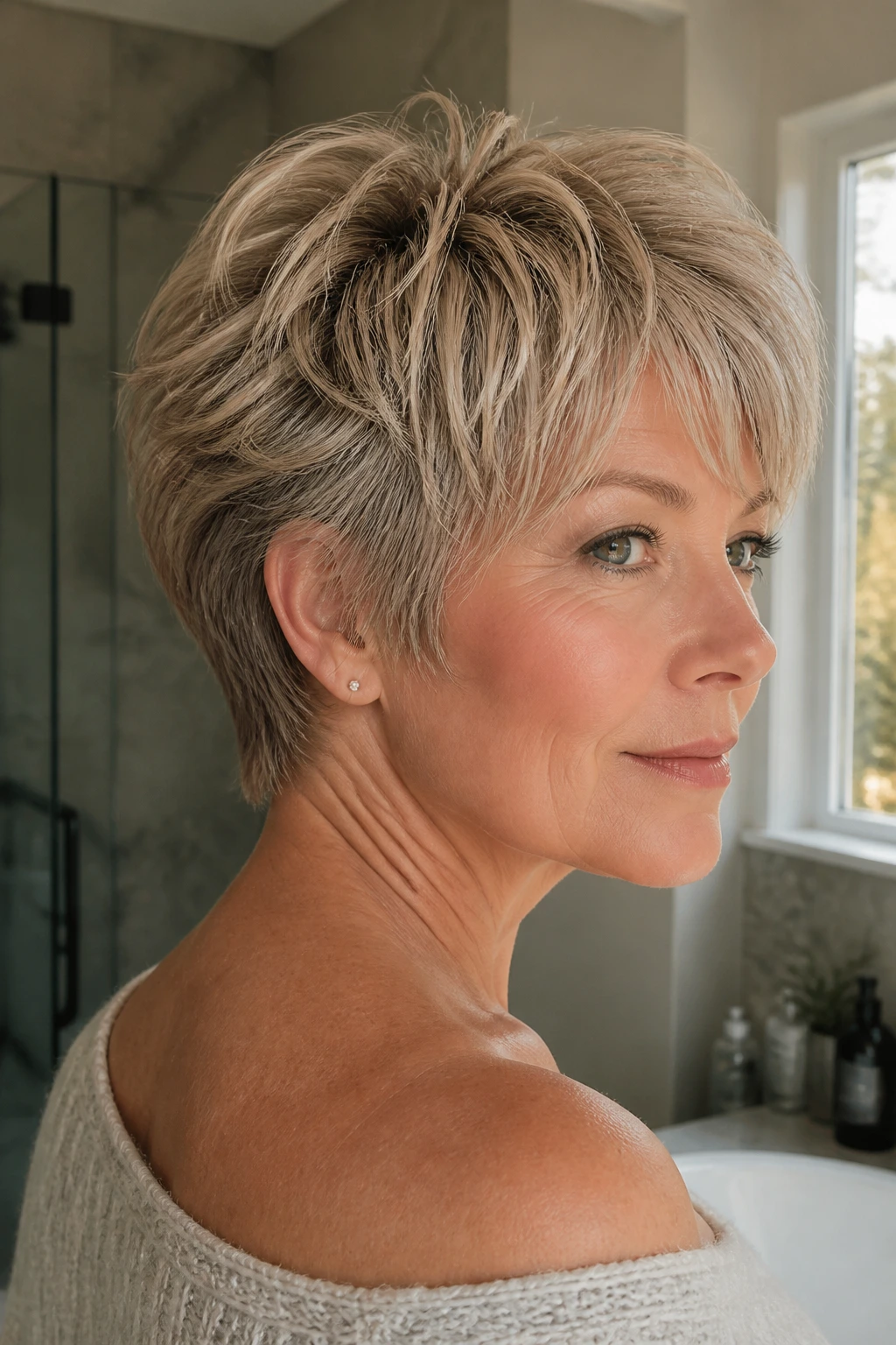 Close-up of a real woman with cropped bixie shag and tapered nape
