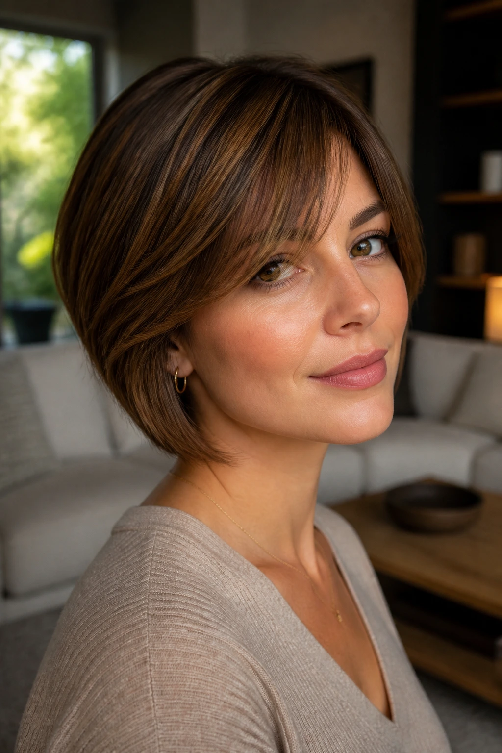 Real woman with cropped bob and chestnut frame.
