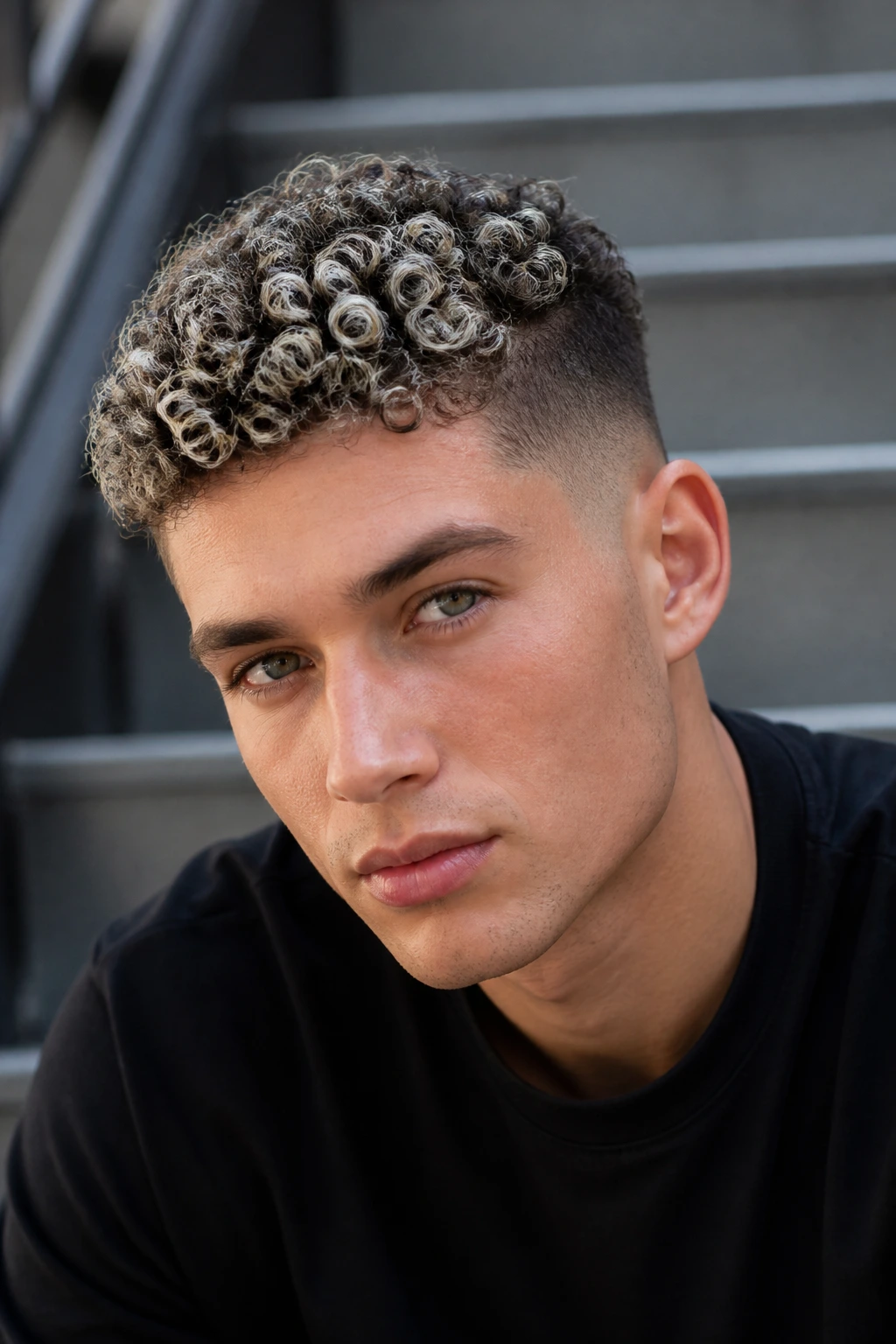 Close-up of real person with cropped curls and silver-beige frosting on top