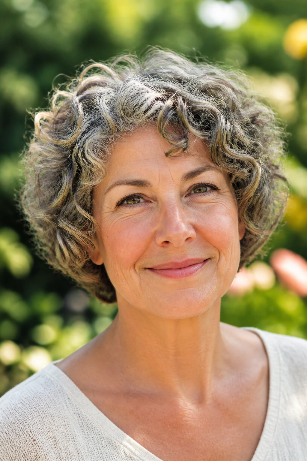 Close-up portrait of a real woman with a cropped curly bob in natural sunlight.
