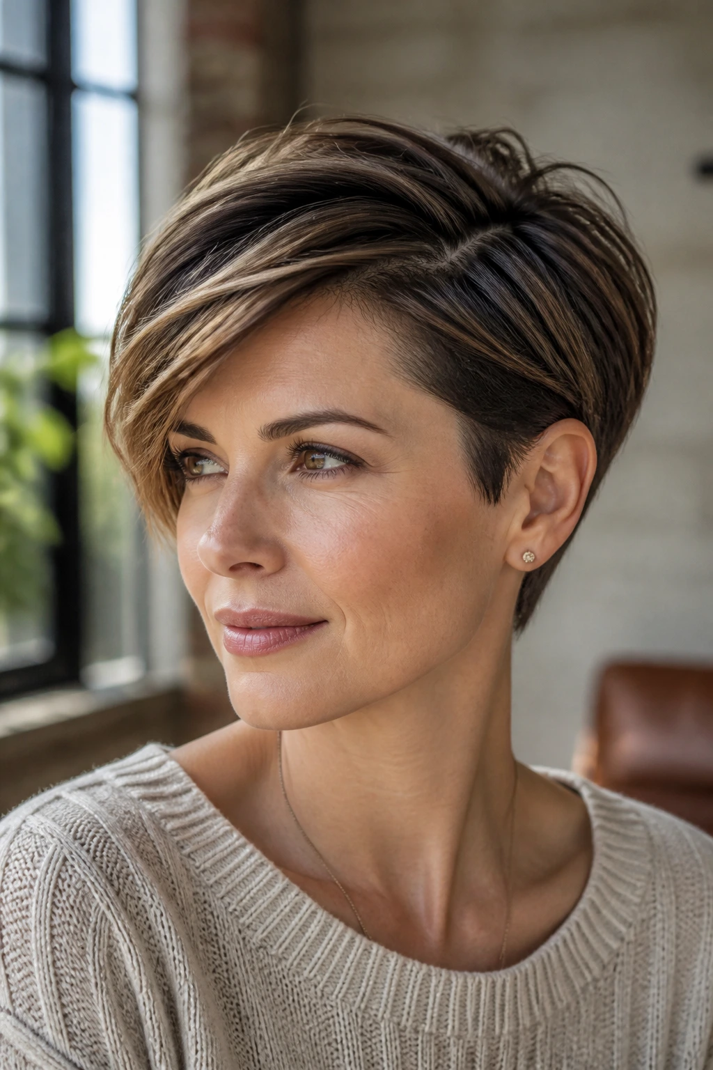 Close-up of a real woman with a cropped cut and deep side part hairstyle