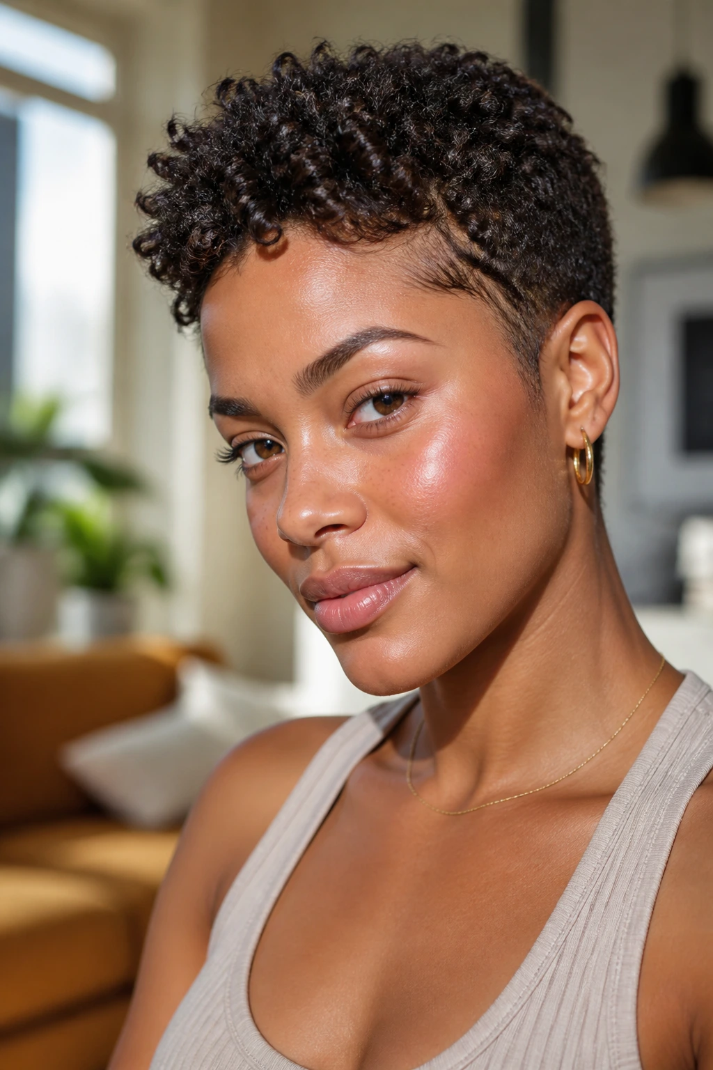 Close-up portrait of a real woman with cropped haircut in a sunlit living room
