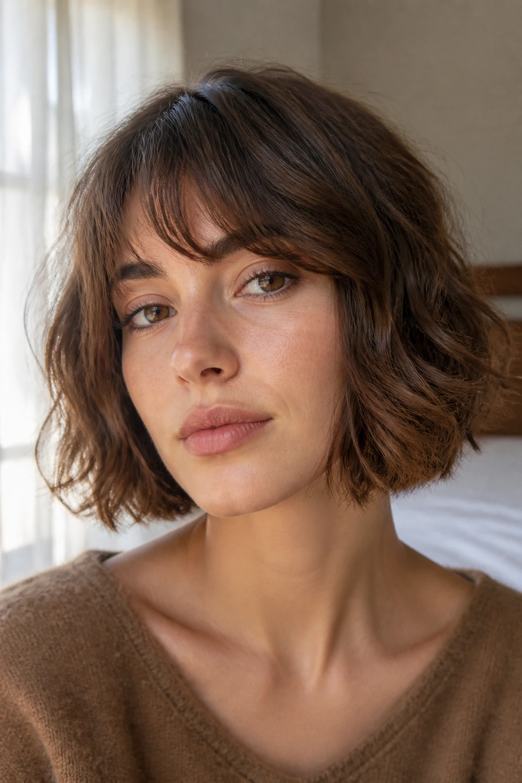 Close-up portrait of a real woman with cropped fringe bob