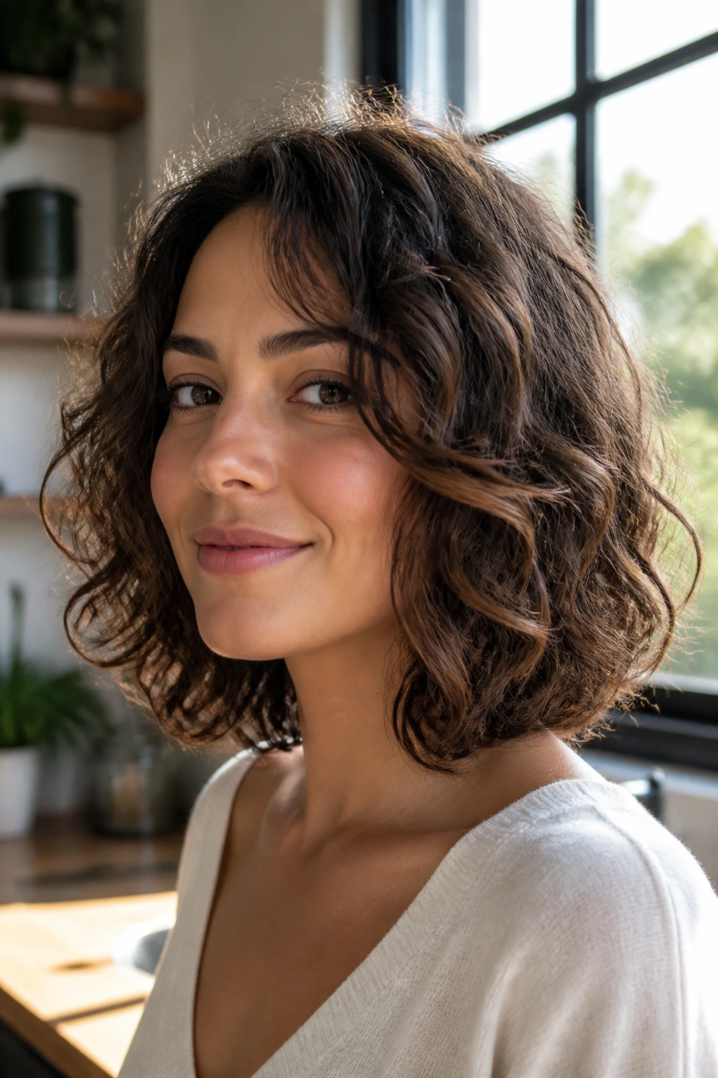 Portrait of a real woman with cropped lob and broken ends on thick curls.