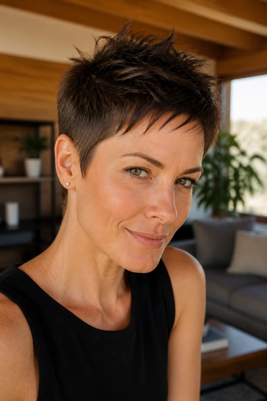Close-up of woman with cropped pixie and choppy crown
