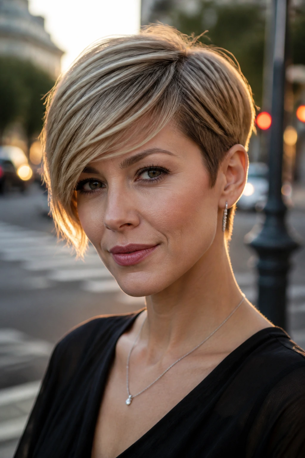 Portrait of a real woman with a cropped pixie and long side-swept fringe.