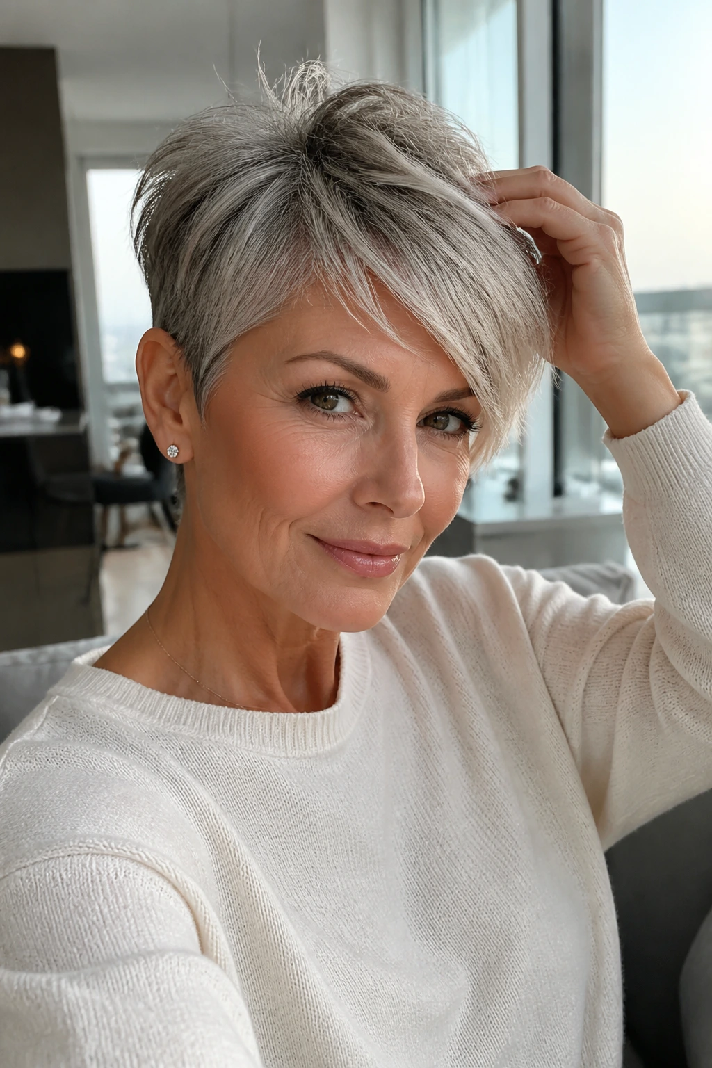 Close-up of a real woman with cropped pixie and side-swept fringe, clean line and natural light