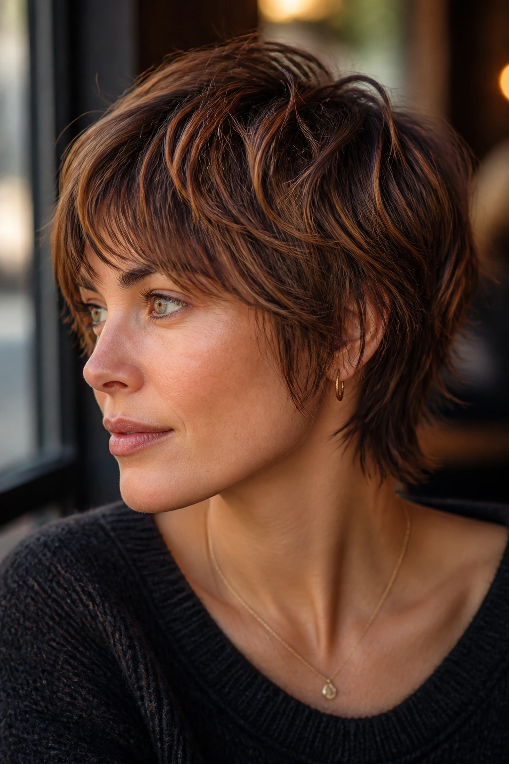 Close-up portrait of a real person with cropped shag and muted copper babylights in natural light