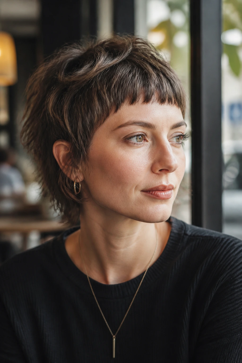 Close-up of a real woman with cropped shag and micro fringe in daylight at a cafe.