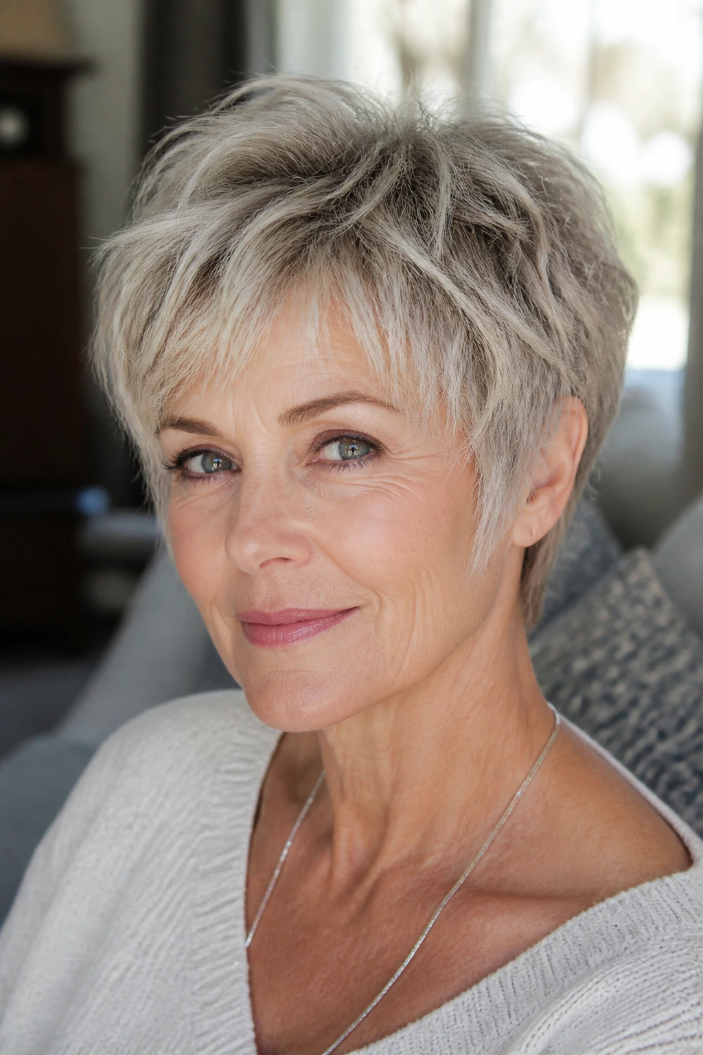 Portrait of a real woman with a cropped shag pixie