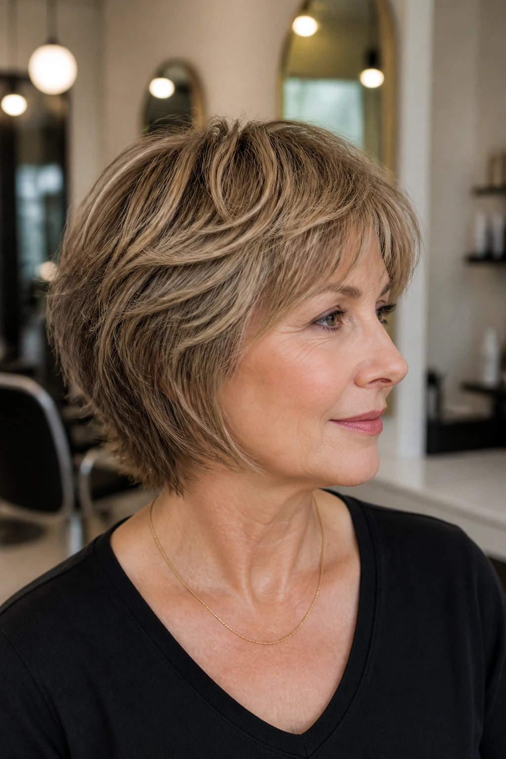 Close-up portrait of a woman with cropped tapered shag at the neckline.