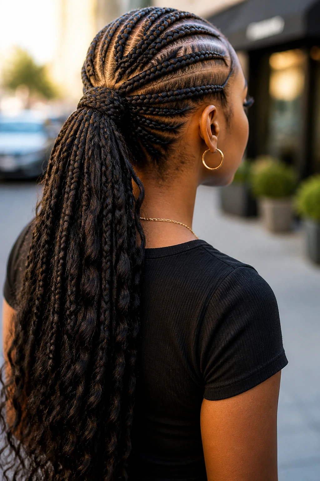 Back three-quarter view of real woman with cross-over braided ponytail