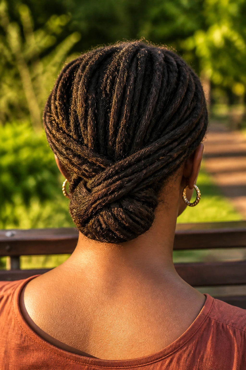 Back-of-head view of a real woman with cross-back tuck hairstyle.