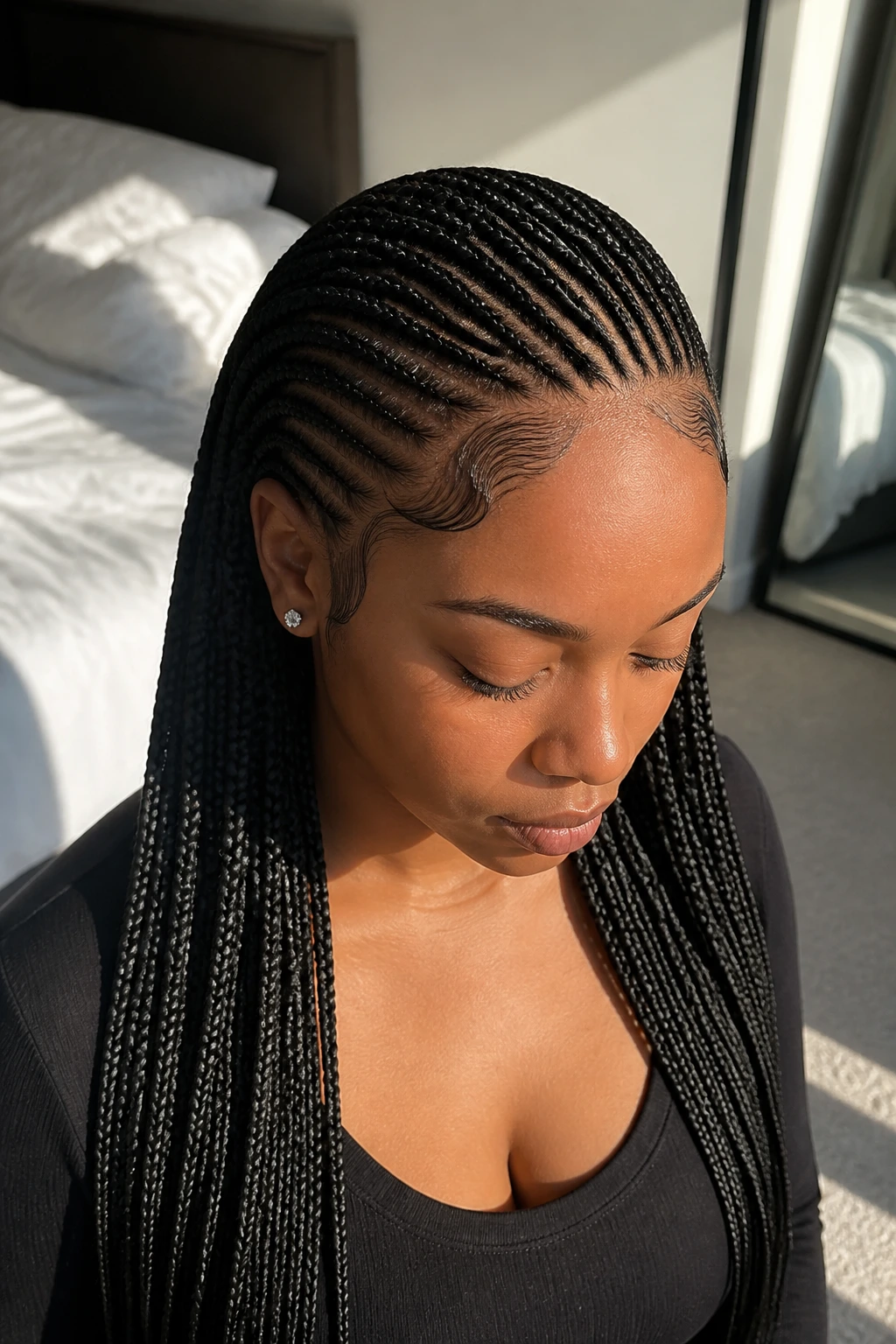 Medium close-up of a real woman with crown-arc braids around the crown