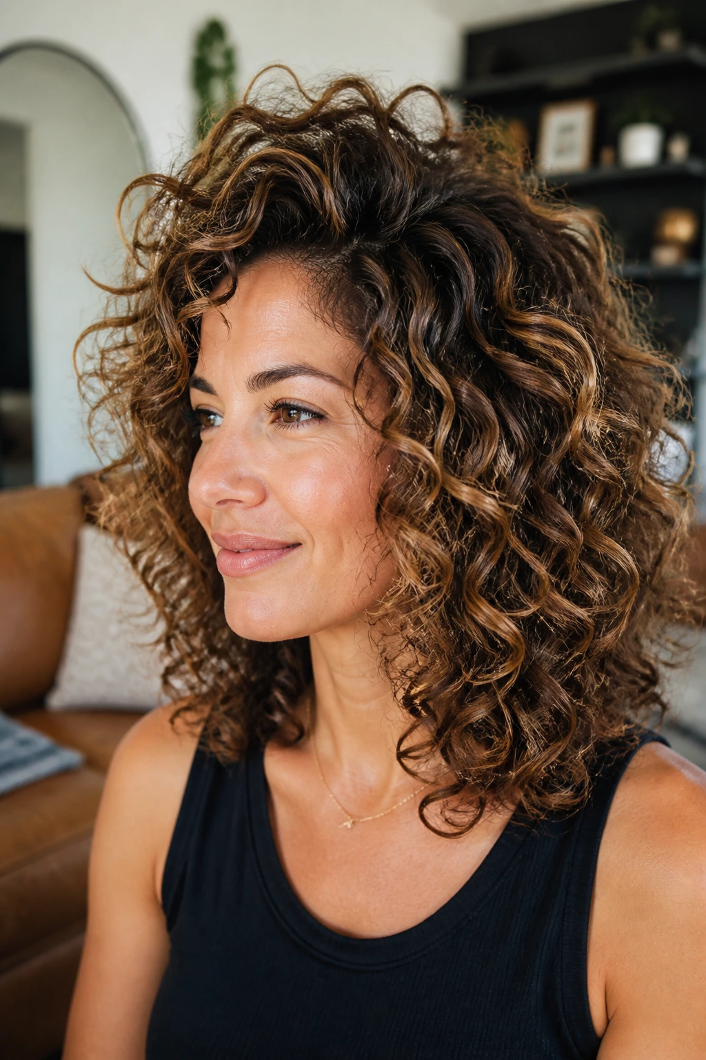 Close-up of a real woman with a crown-boost curl cut and dark interior lowlights