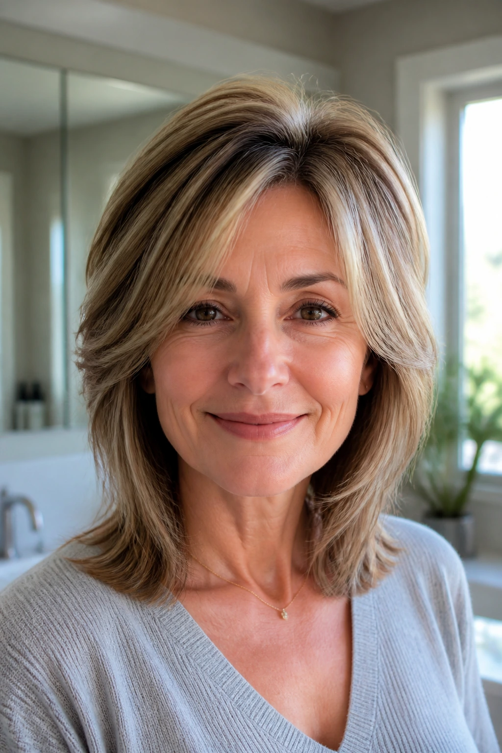 Close-up portrait of a real woman with crown-boosting layers lifting the roots in natural light.