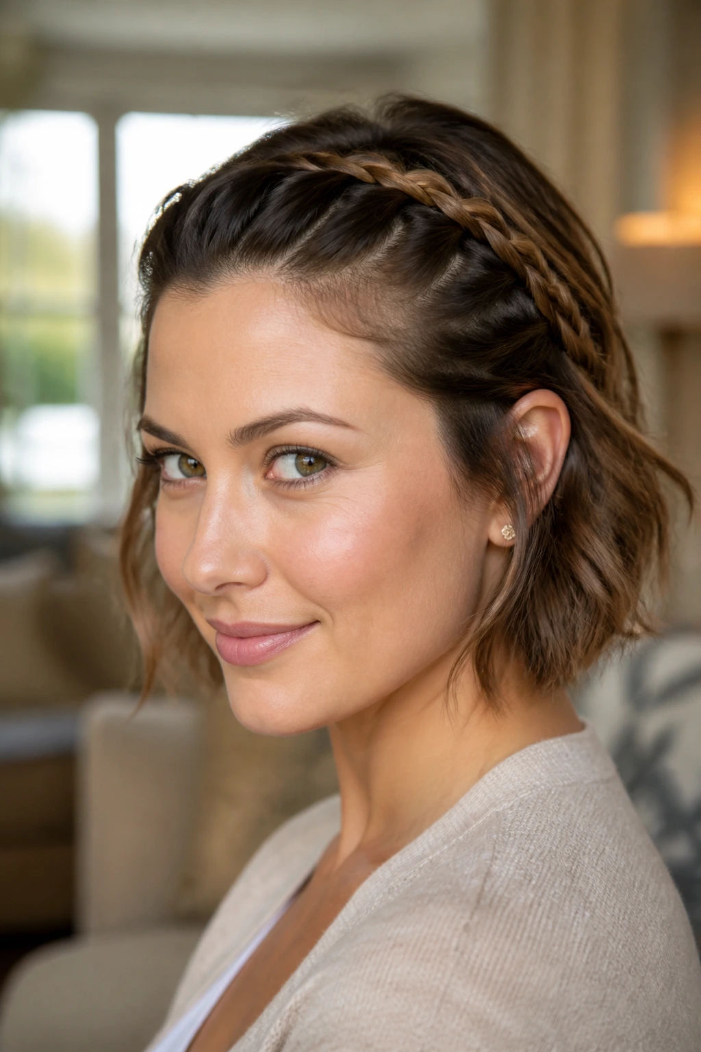 Close-up of a real woman with a slim crown braid along the hairline.