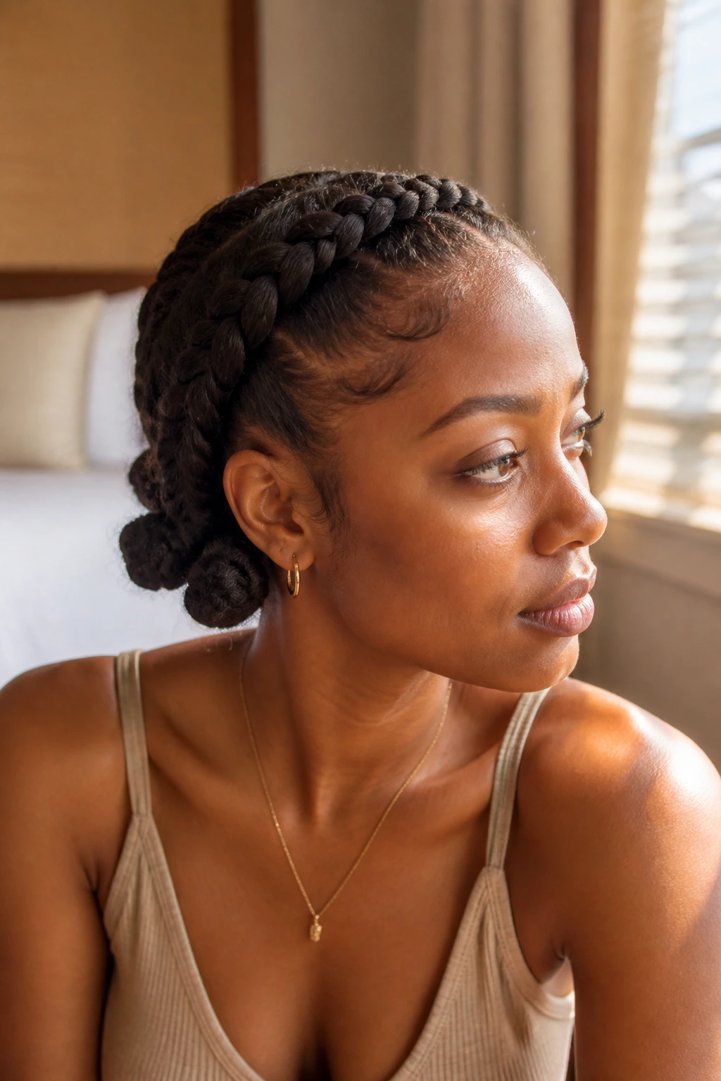 Close-up portrait of a real woman wearing crown braid with Bantu knots