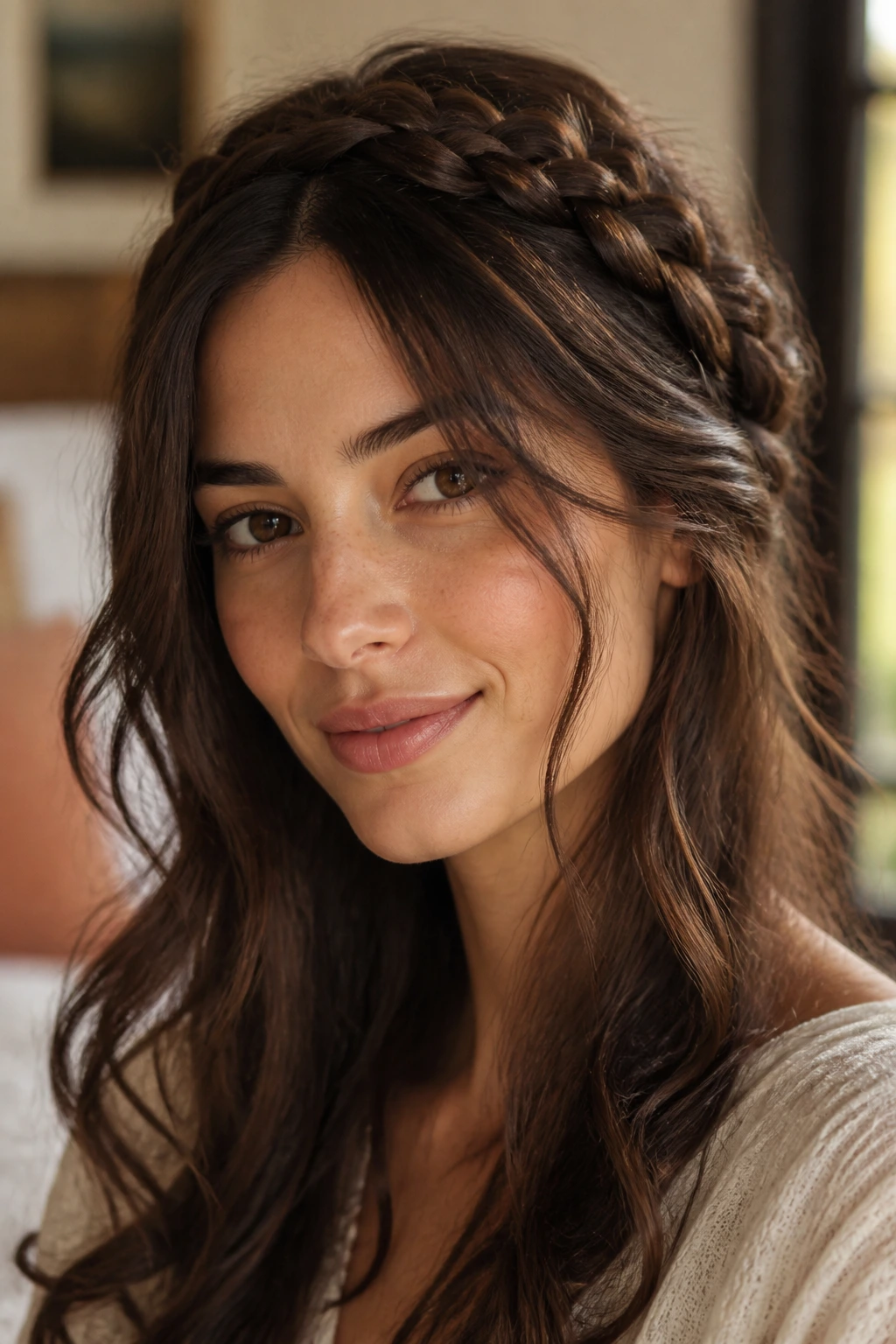 Brunette with loose crown braid framing face