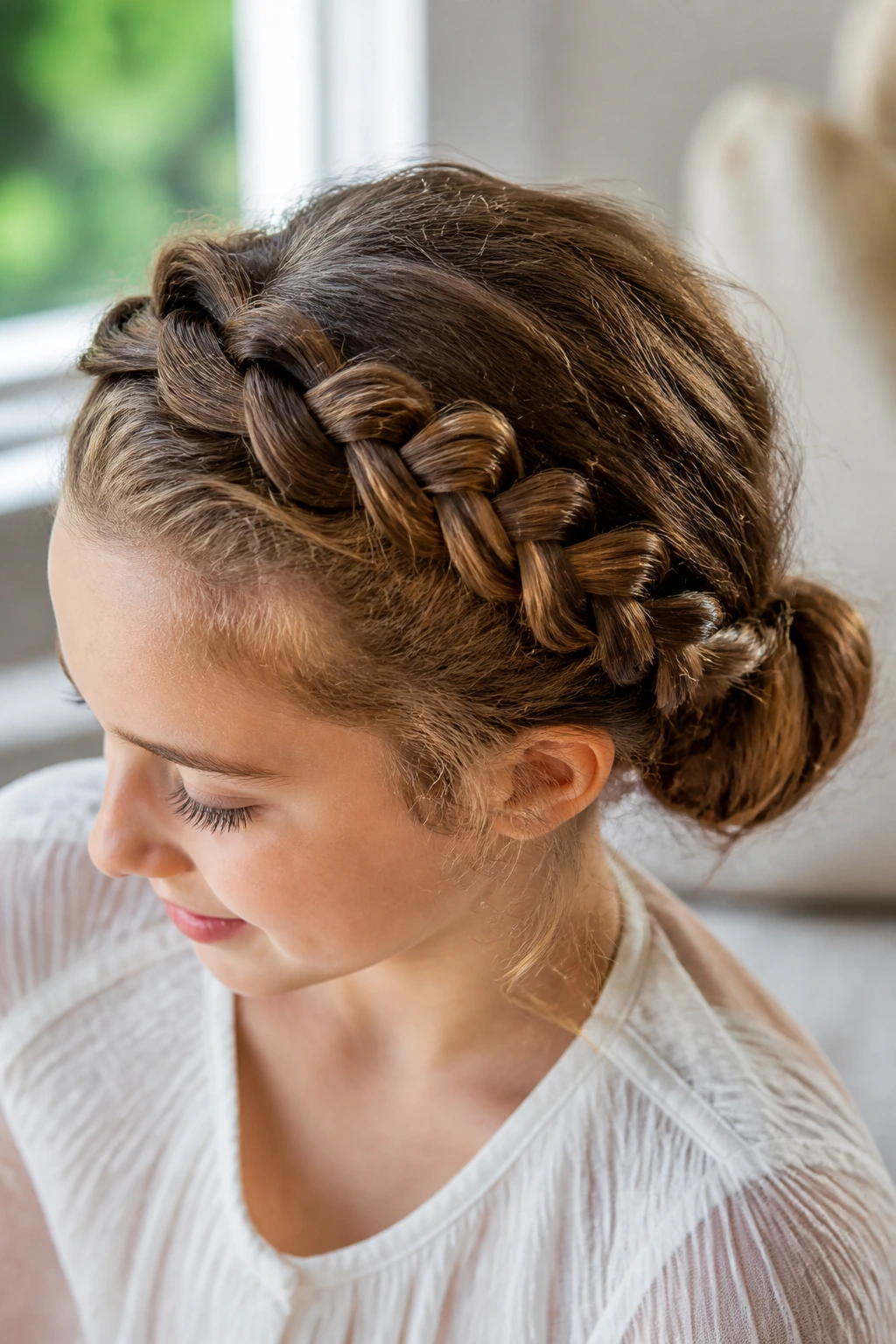 Close-up of a real child wearing a crown braid that feeds into a low bun