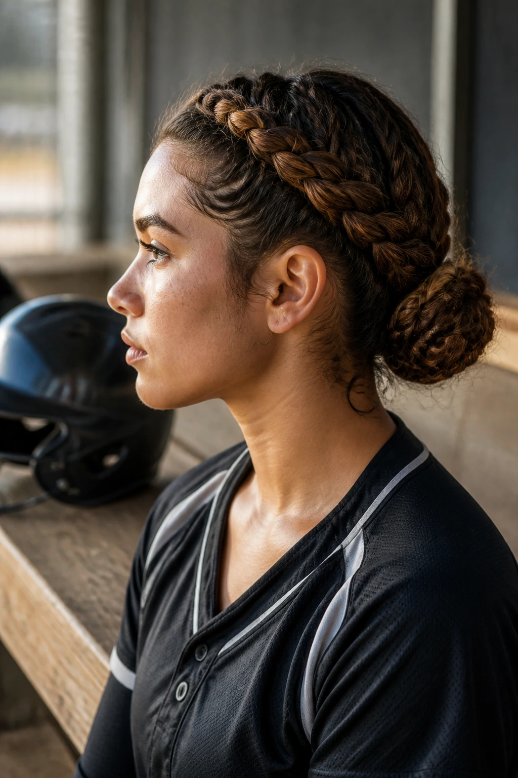 Close-up of crown braid bun on a real softball player with curly hair
