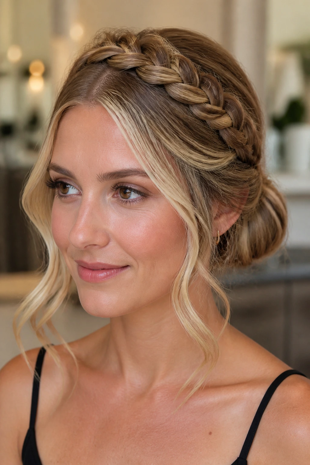 Close-up of a real woman wearing a crown braid that leads to a chignon