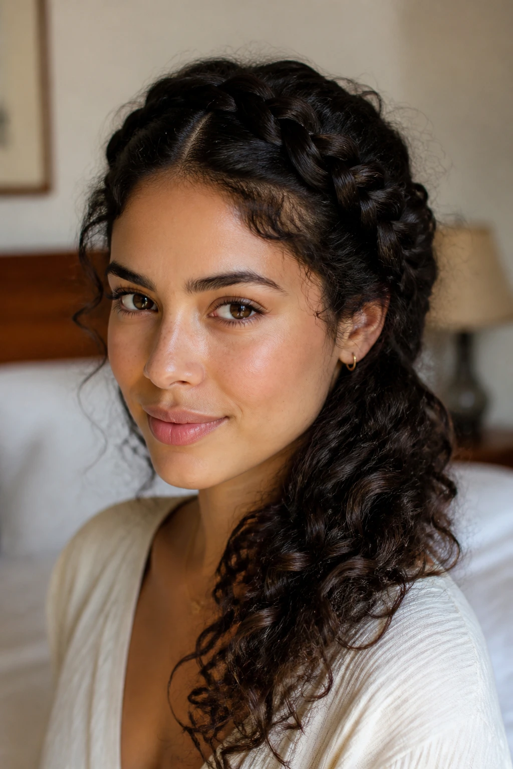 Woman with a side-swept crown braid and curly ends