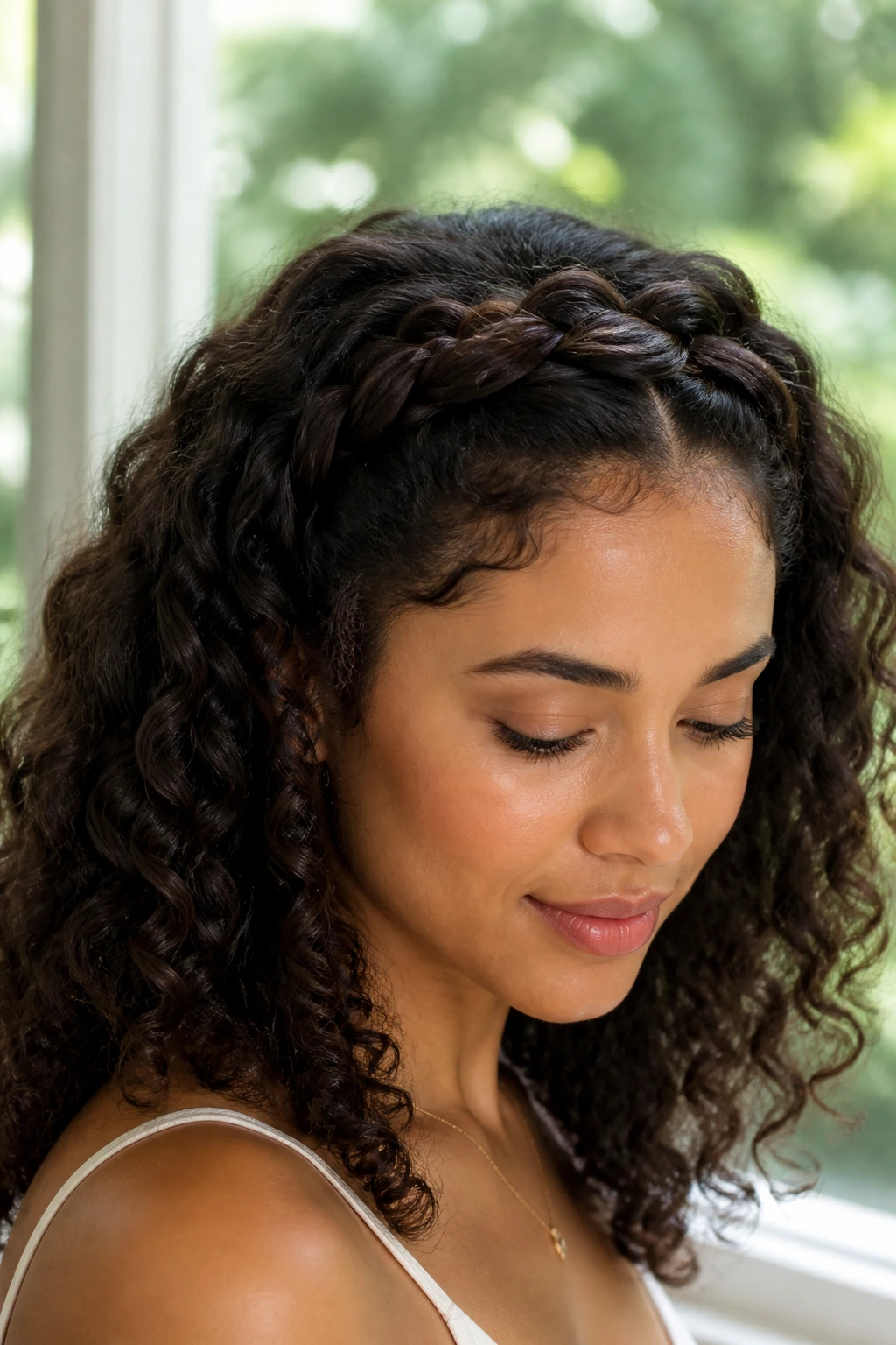Close-up of a real woman with a loose crown braid and free curls underneath