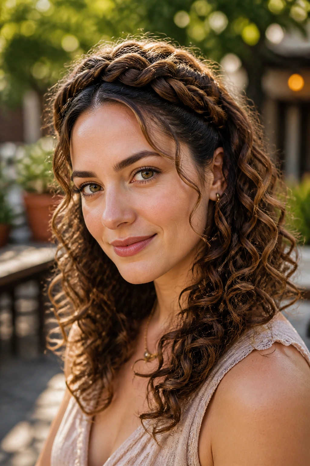 Real woman wearing a crown braid and free curls, garden setting.