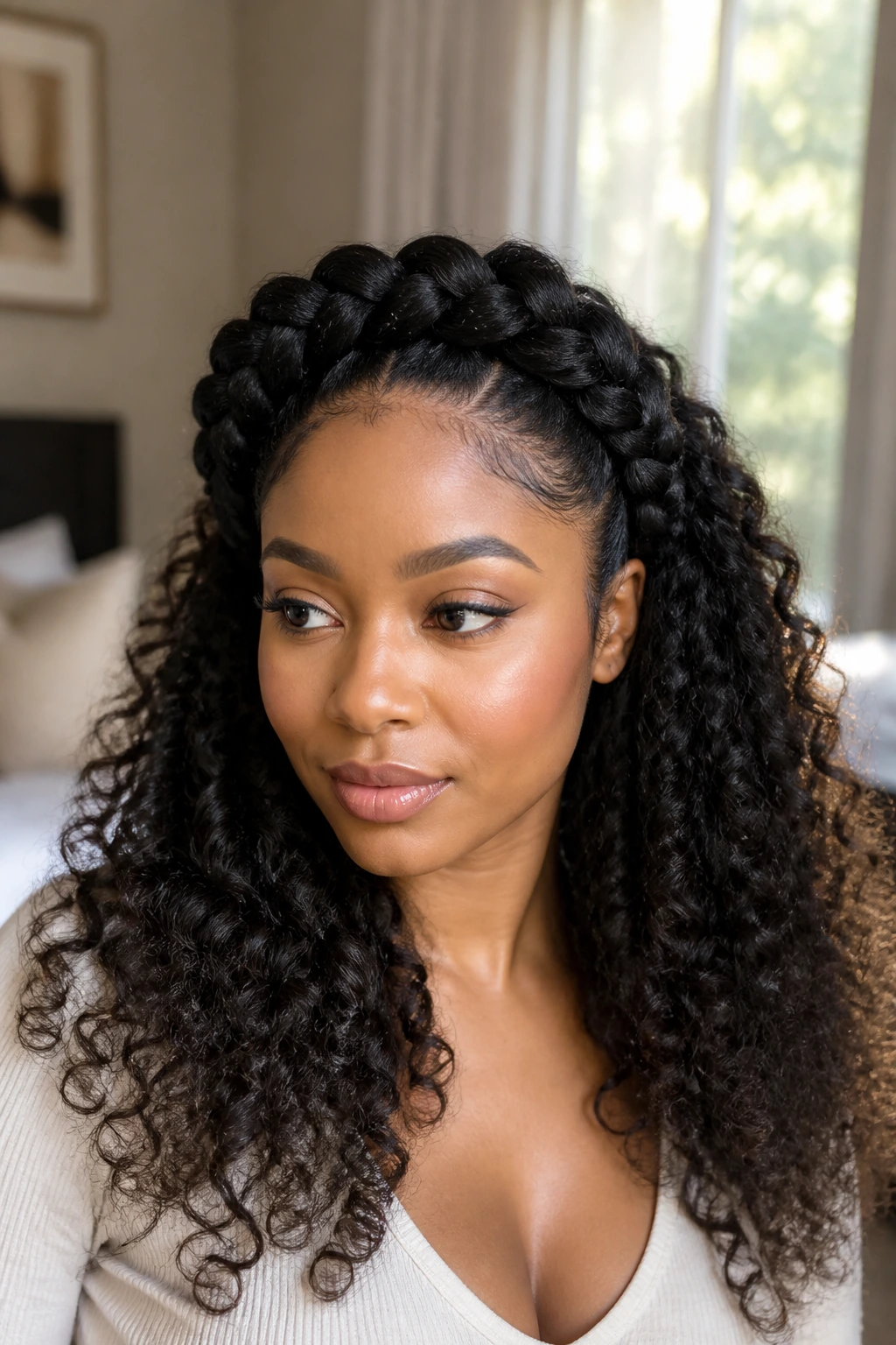 Close-up portrait of a real woman with a crown braid and free curls in a warm bedroom.