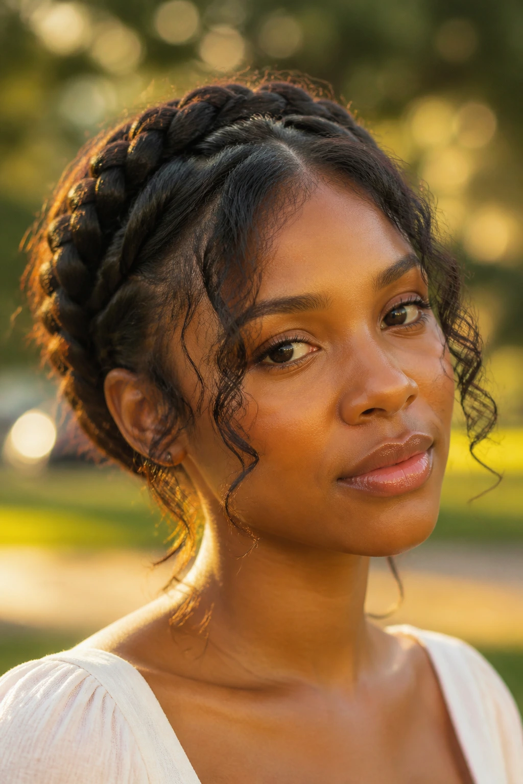 Close-up of a real woman with crown braid and soft curtain pieces