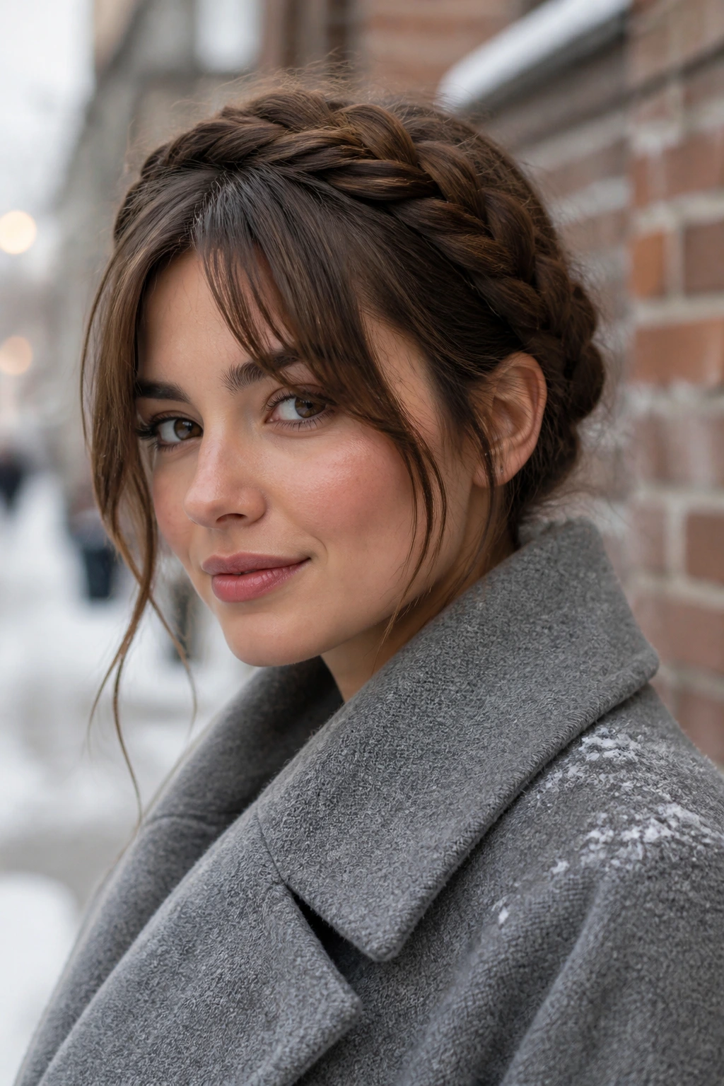 Portrait of woman with crown braid and loose curtain bangs