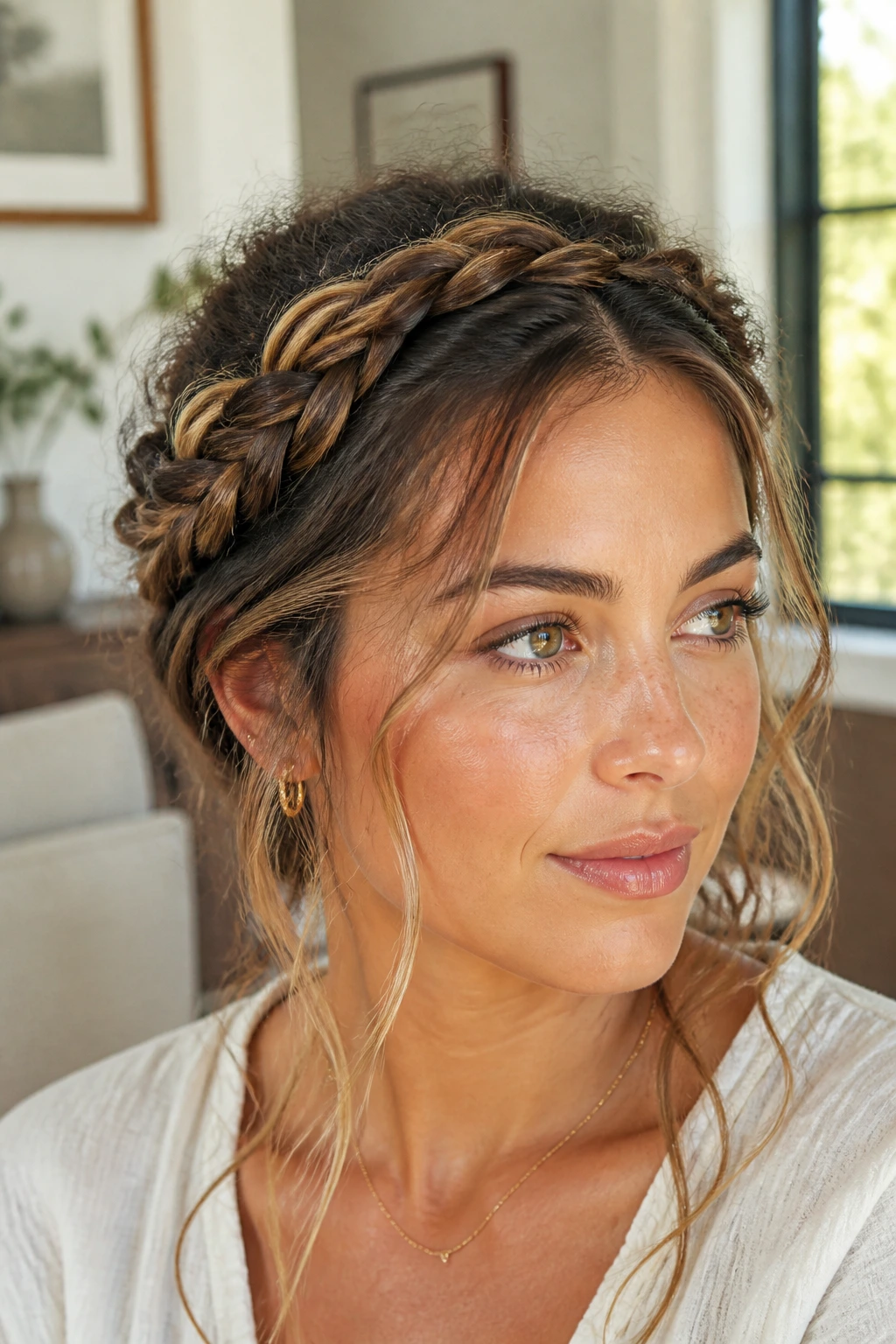 Close-up of a real woman with a crown braid showing face-framing pieces and subtle extensions in natural light